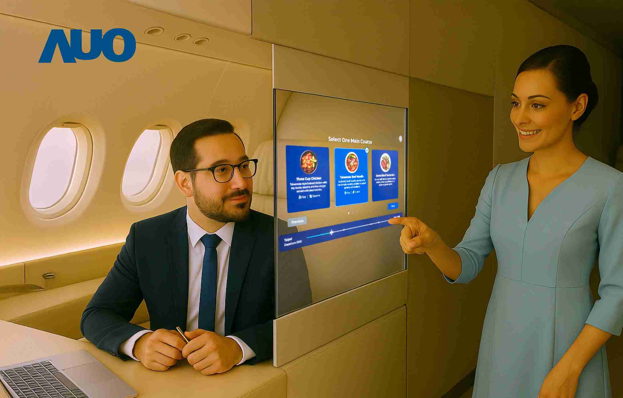 NG大舞台研发全球最薄17.3 吋双面透明 Micro LED 显示器，，，，可在同一屏幕之双边投射不同信息，，，，创造独特的”透明化”互动；图为实时翻译交流应用情境